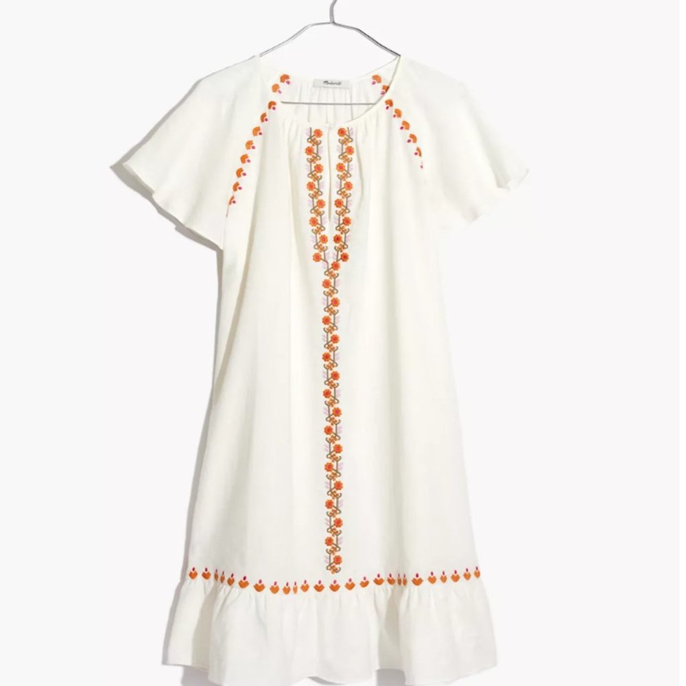 Madewell Embroidered Linen-Blend Ruffle Dress